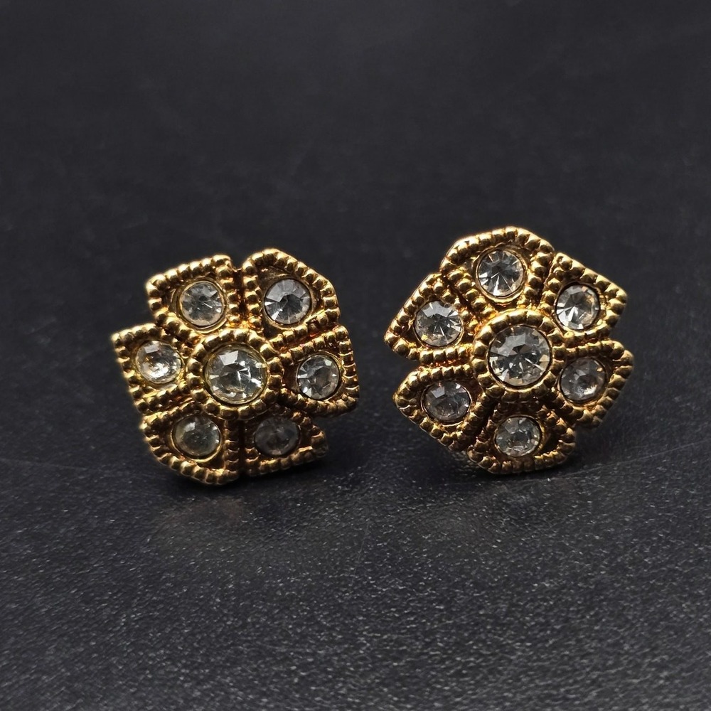 Avon 1993 Floral Facets Earrings Clear Rhinestone Flower Dainty Vintage Pierced
